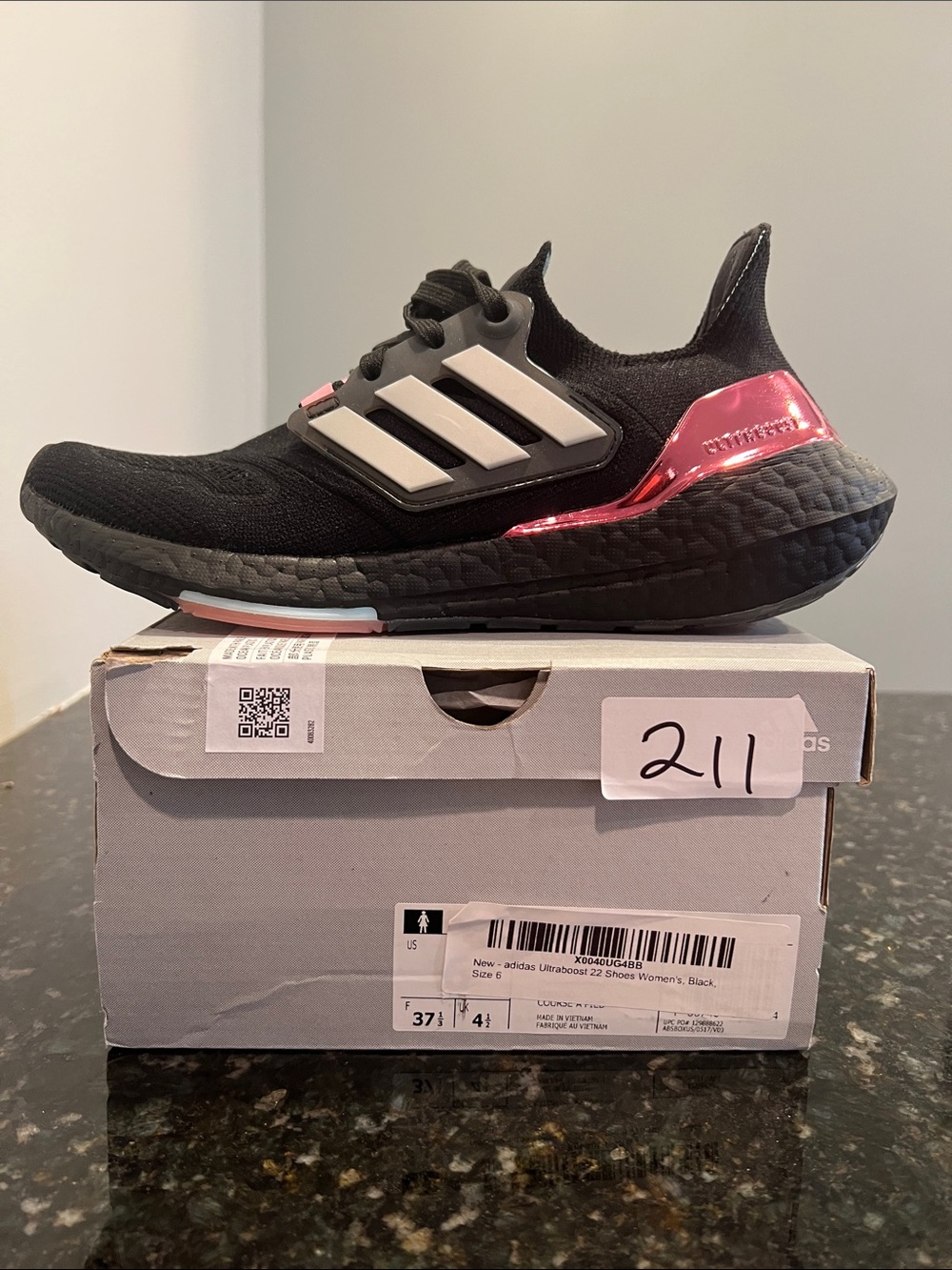 adidas women’s UltraBoost 22 Black Sneakers with Pink Heel Accent 6W